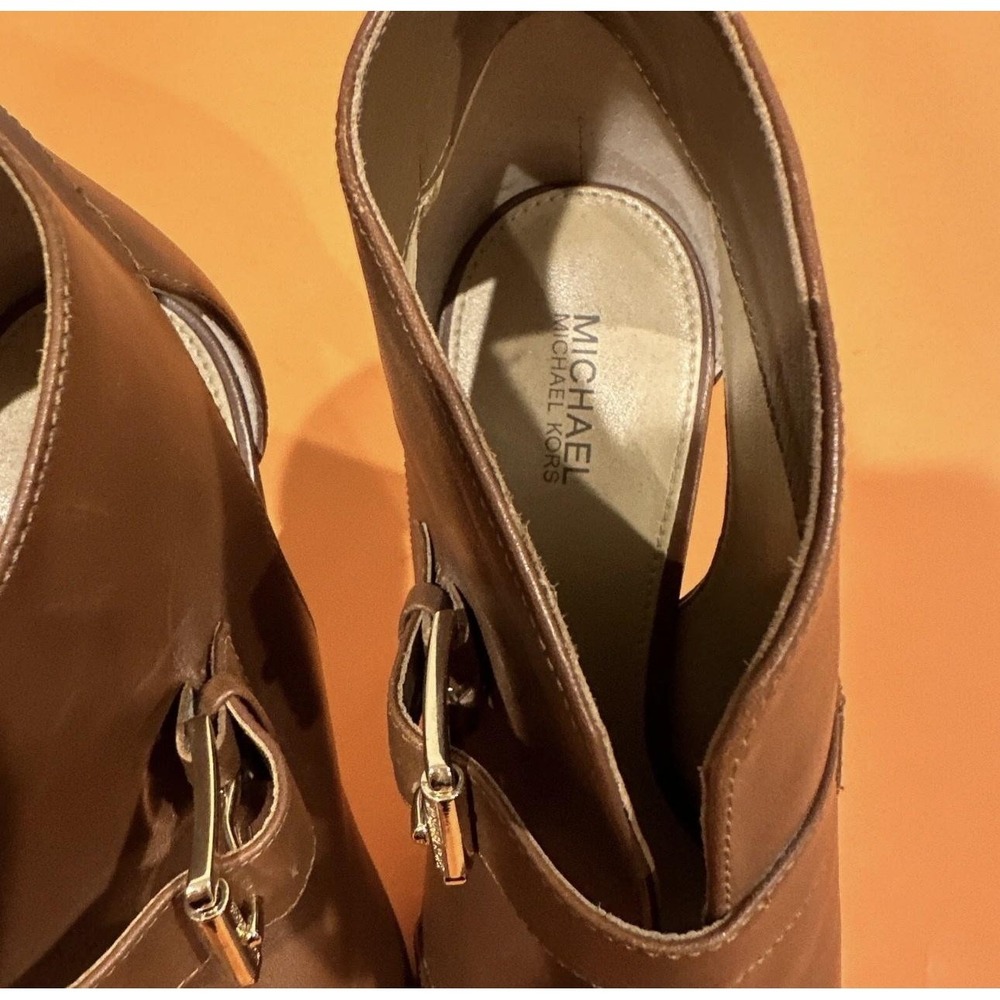 MICHAEL Michael Kors Brown Leather Peep-Toe Ankle Booties with Gold Buckle - Picture 9 of 9